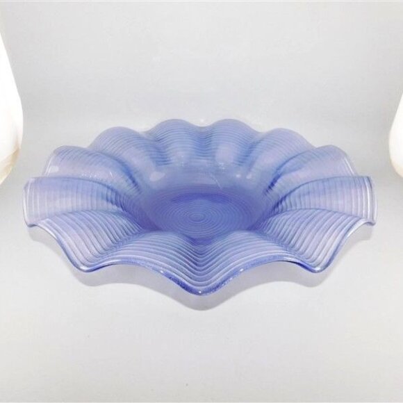 41/796 Vintage Art Glass Blue Glass Bowl with Lines Textured Underneath 14 3/8 x - Picture 1 of 5